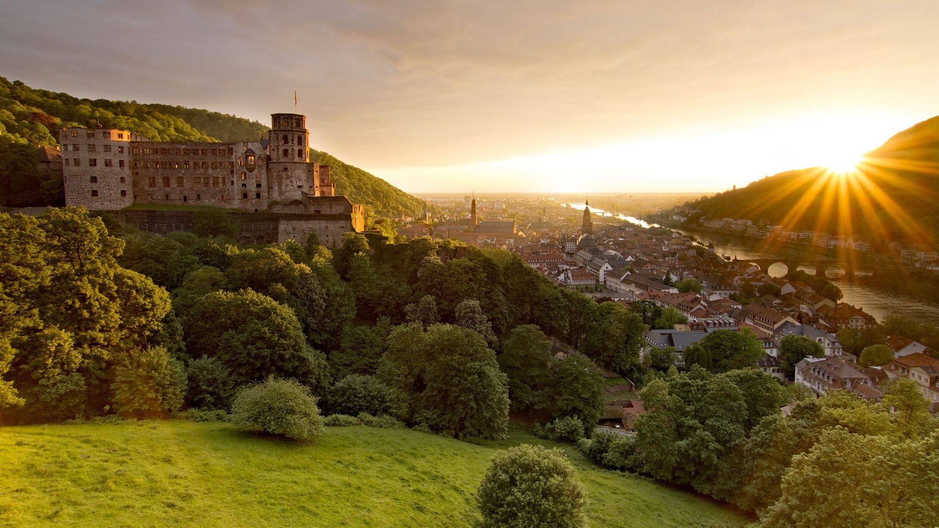 Heidelberg: The castle overlooks the city and the Neckar valley, sunset