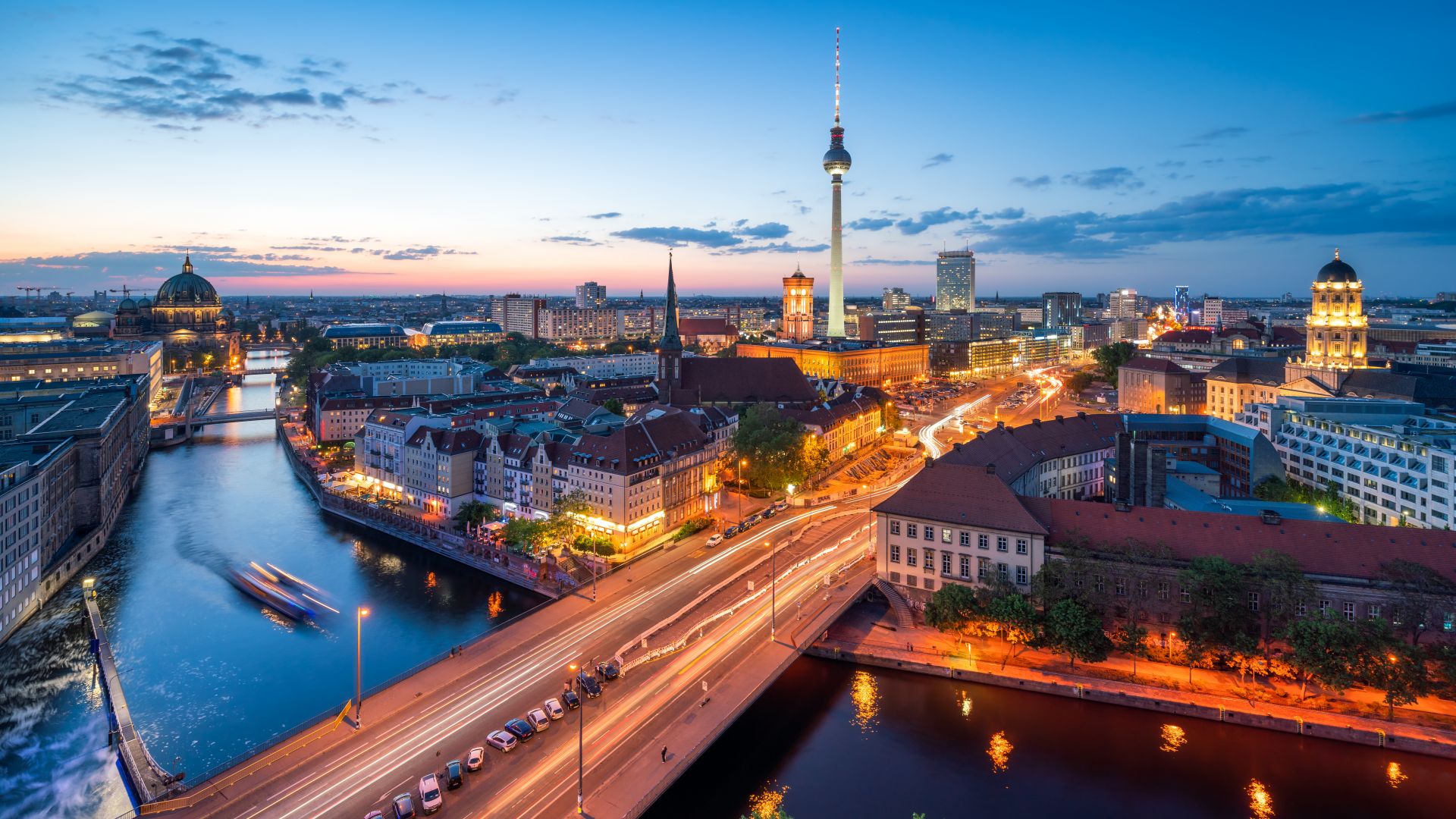 Berlin: Skyline by night with a view over the Spree and of the TV Tower