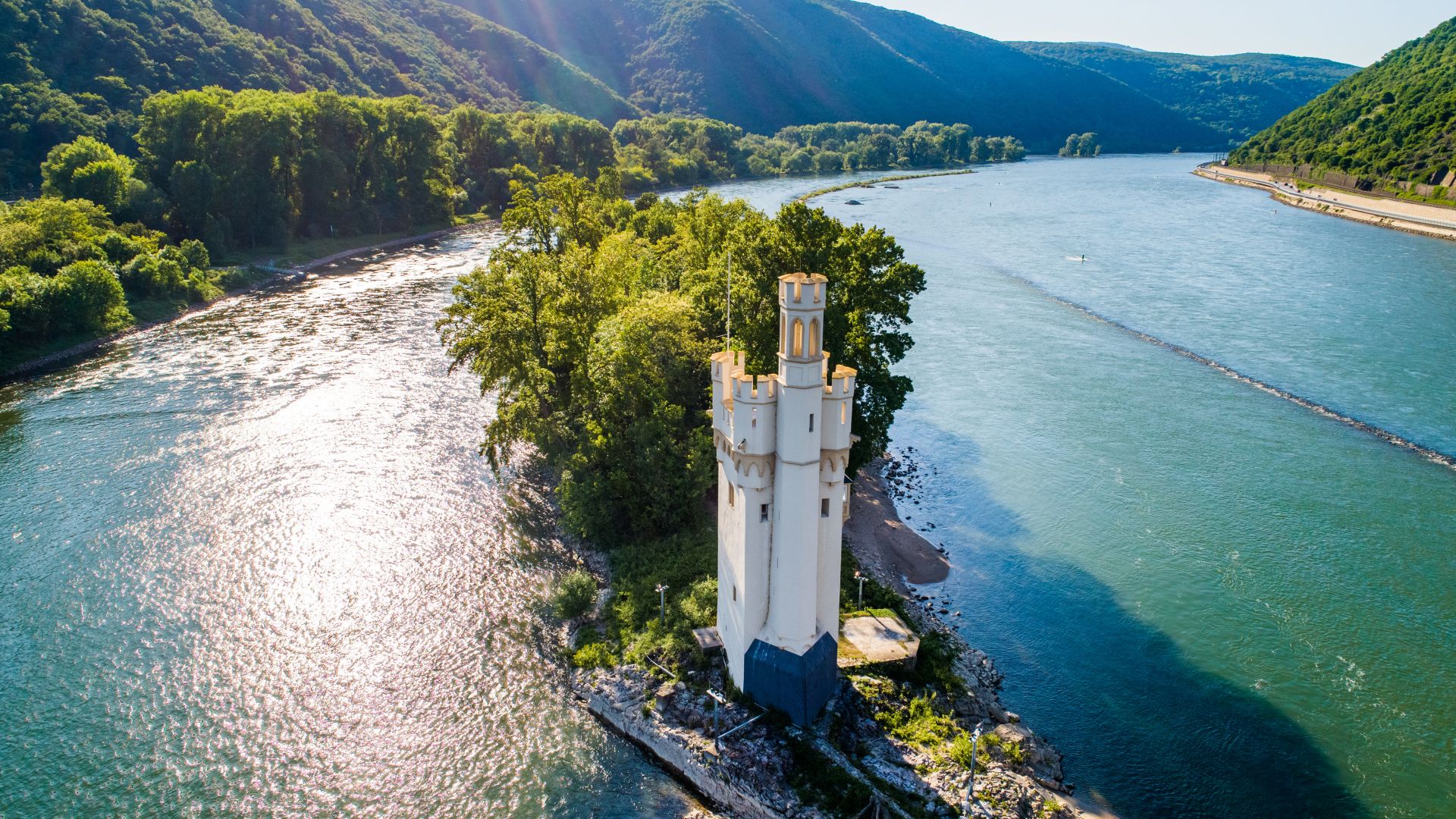 Bingen: Aerial view of the mouse tower on an island in the Rhine